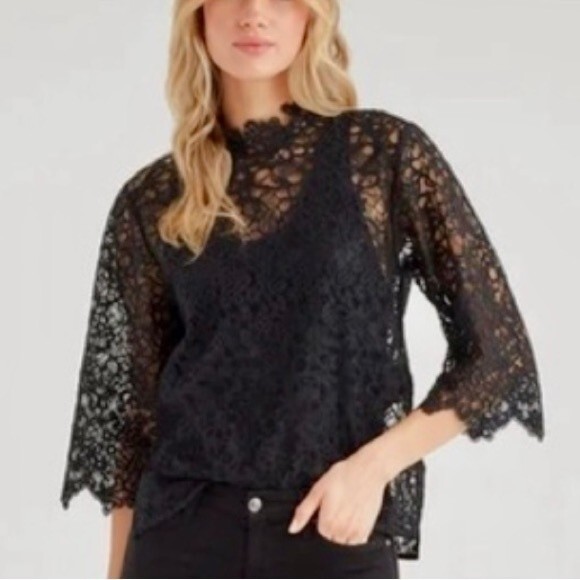 NEW 7 For All Mankind Scalloped Lace Top in Jet Black size XS - Picture 2 of 14